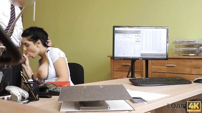 Busty brunette woman is rammed by the horny lender hoping for some discount - reality hardcore