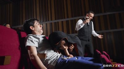 Curly-haired ebony with big tits gets fucked in the cinema - public interracial