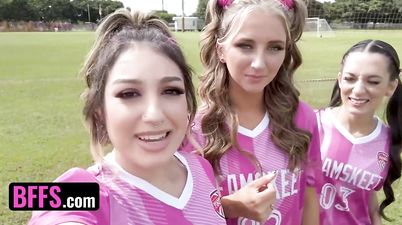 Soccer Girls Freya von Doom, Macy Meadows & Violet Gems Take Turns Riding Their Trainers Dick - POV foursome