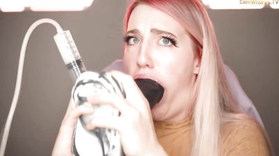 Horse Suck - Blonde deepthroating monster cock dildo