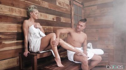 Gorgeous pornstar gets oiled up and sodomized in the sauna