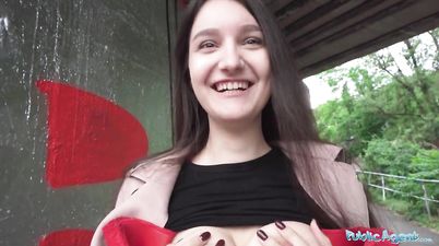 Brunette euro cutie 19yr college student with natural breasts and red lingerie fucked outdoors in POV hookup