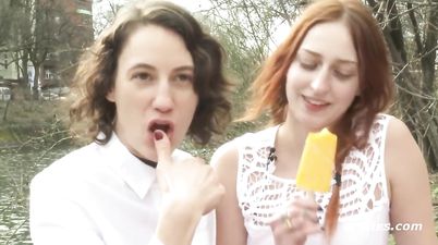 American Babes Explore Each Other's Sexy Bodies Outdoors - Redhead eats icecream and her lesbian girlfriend