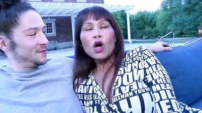 Asian Mature Milf VS BWC - outdoor old and young hardcore by the pool