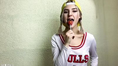 Eva Elfie sucking lollipop and cock - Horny 18yo blonde schoolgirl teases her classmate and gets covered in cum