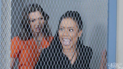 Locked Up And Horned Up - busty ebony Kira Noir ass fucking shemale babe with strapon in jail