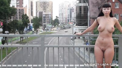 Naughty Russian brunette naked outdoors on public - fetish solo