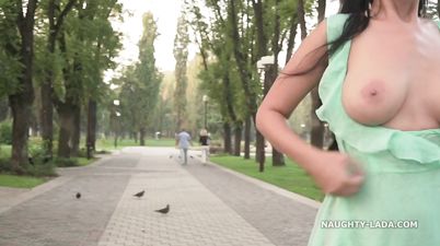 Outdoor public flashing and teasing - Seethrough and heels - Big tits