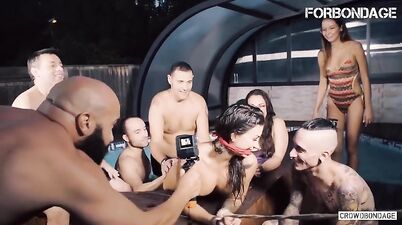 Gagged Spanish Brunette Susy Gala Rides Hard Cock In Group BDSM Sex in the Pool
