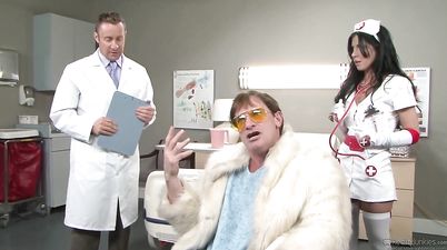 Brunette nurse with fake tits screwing a patient - cosplay hardcore