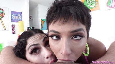 threesome POV deepthroat with perky tits kinky babes