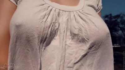 Braless Bouncing Boobs in Shirt While Walking and Running - outdoors