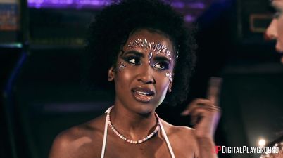 Tattooed slut in high heels seduces and fucks fit ebony